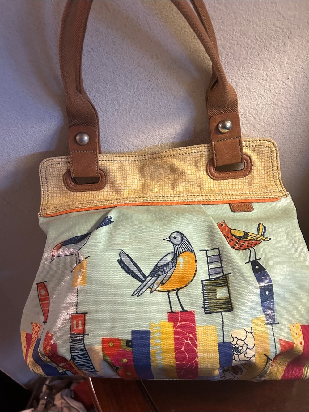 Fossil Bird Print Canvas Tote Bag in Light Blue with Brown Handles - Picture 7 of 7